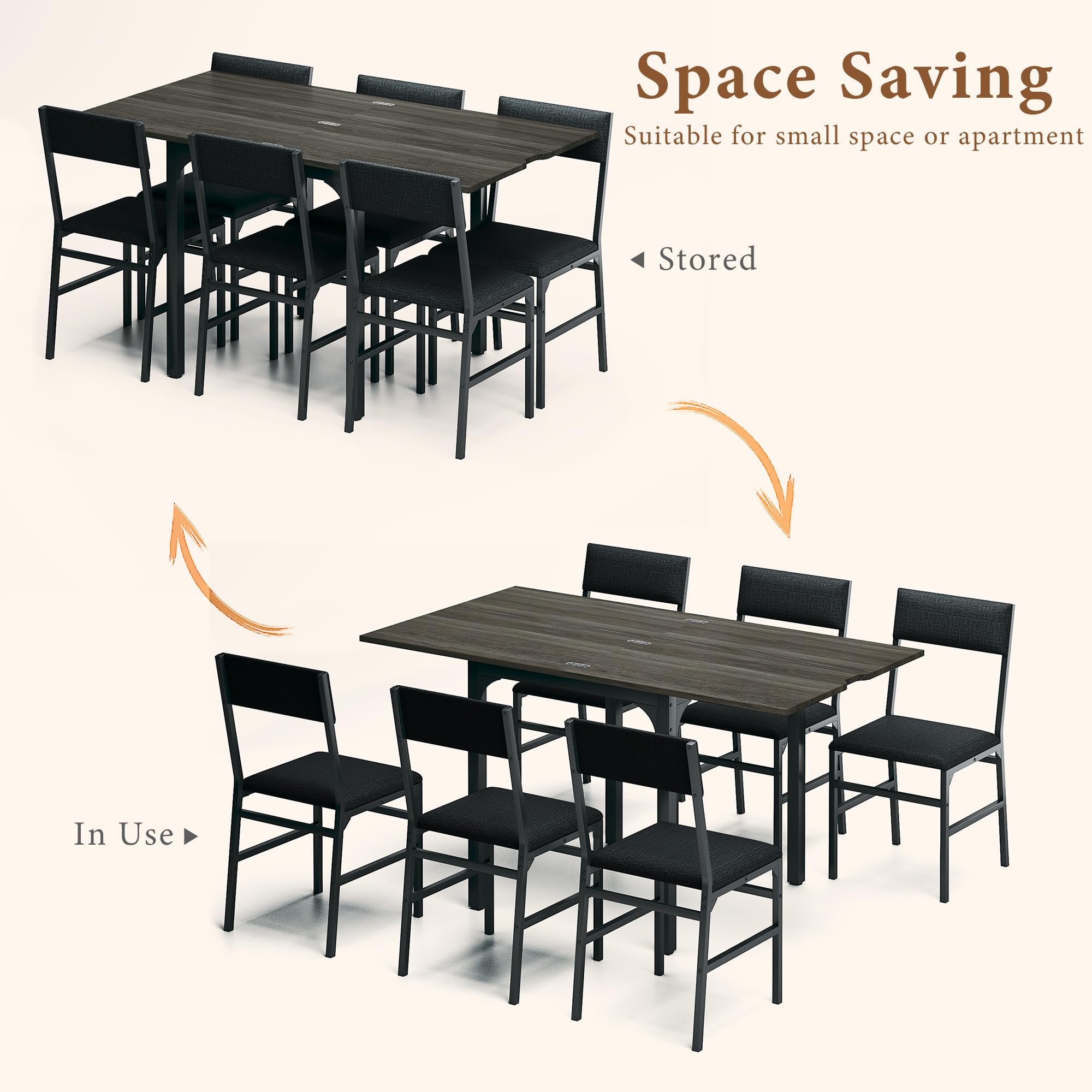 7-Piece Dining Table Set for 4-6, Extendable Kitchen Table Cushion Chairs Set of 6 with 6 Chairs, Rectangle Dining Table with Metal Frame & MDF Board, Folding for Small Apartment Saving Space,Grey Oak