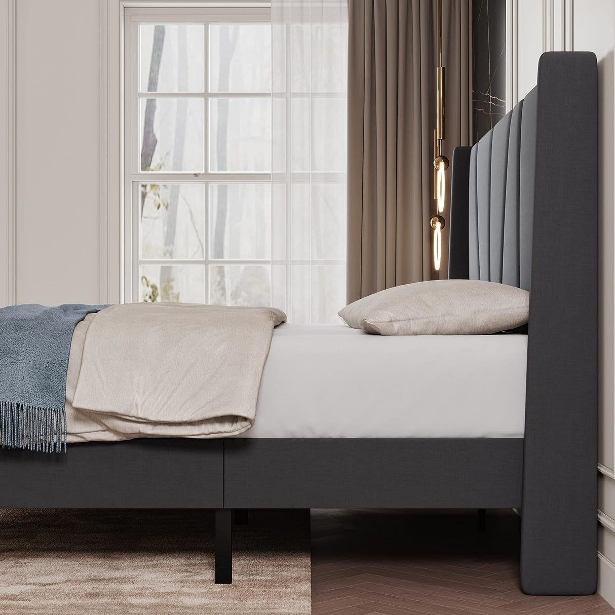 Queen Bed Frame – Upholstered Platform Bed with Wood Headboard