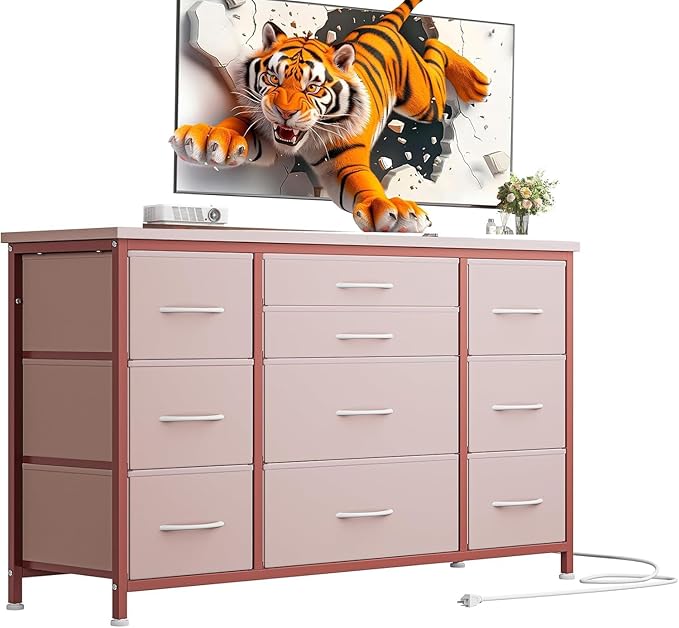 Dresser, 55 Inch TV Stand with Power Outlet Entertainment Center, Fabric Drawer Storage