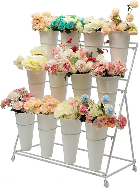 Flower Display Stand With 12PCS Buckets,3 Layers Plant Cart with Wheels