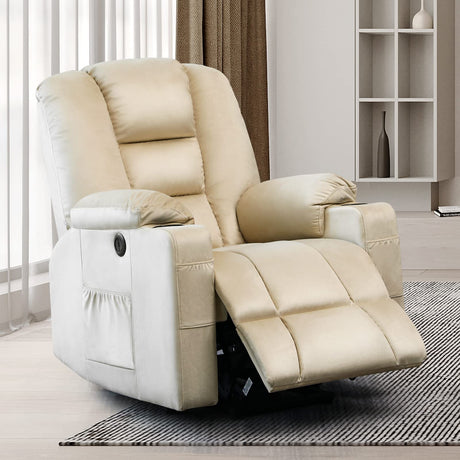 Lift Recliner Chair with Massage and Heat for Elderly, Remote Control,Plush Fabric Reclining Chairs for Seniors w/Cup Holder Side Pockets for Living Room (Beige)