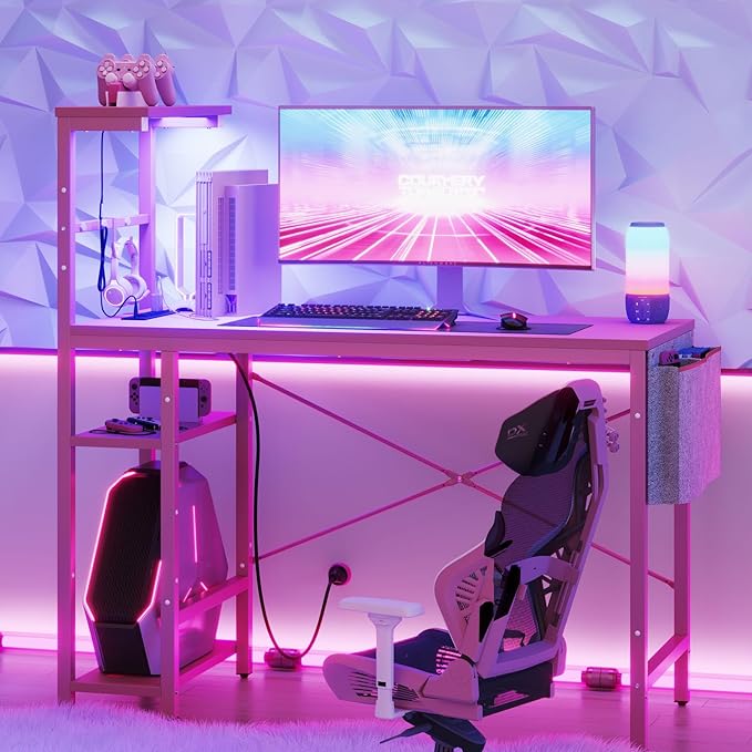 Gaming Desk with LED Lights, 44 Inch PC Gamer Desk for Small Spaces, Computer Desk