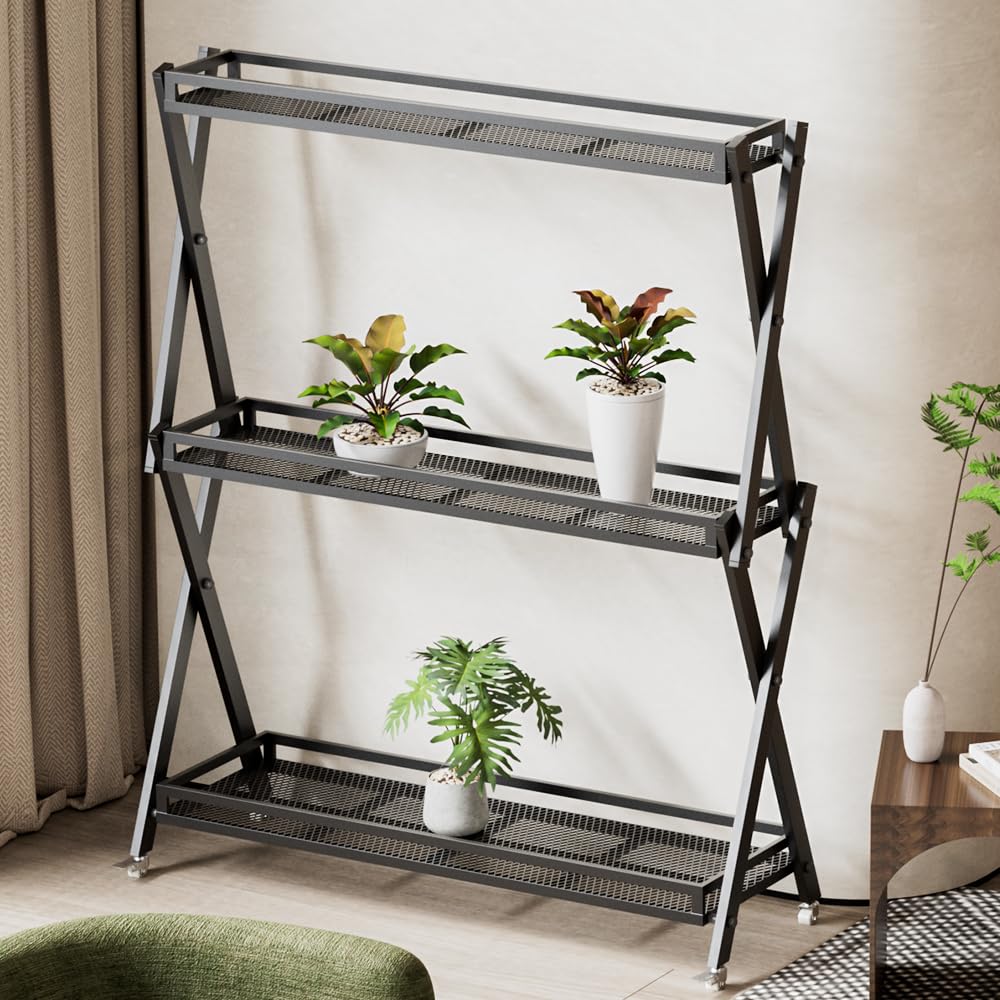 3-Tier Metal Plant Stand - Indoor/Outdoor Aluminum Shelf with Universal Wheel