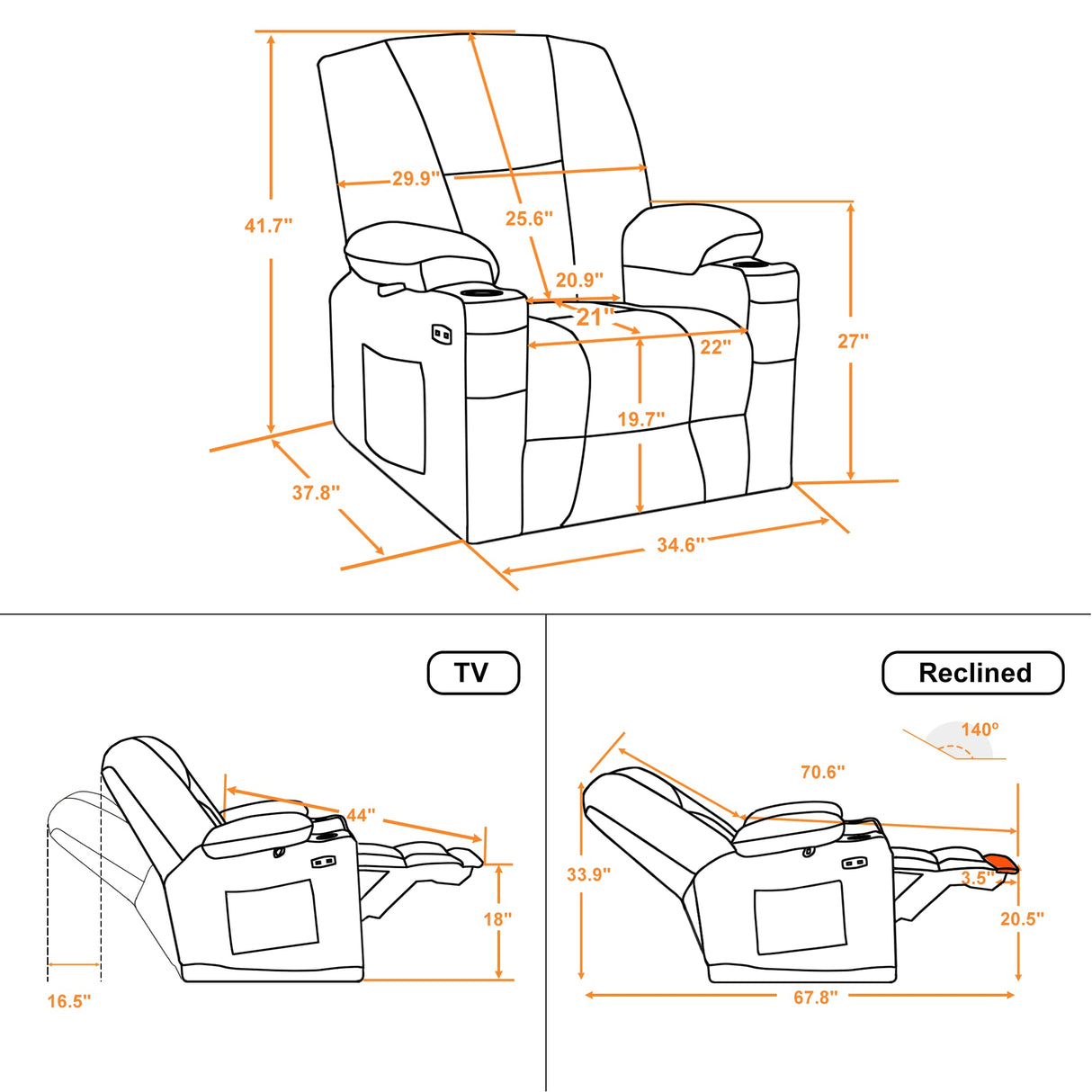 Fabric Electric Power Recliner Chair with Heat and Massage, Cup Holders, USB Charge