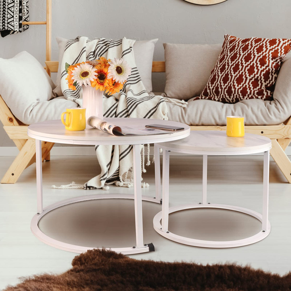 Small Round Nesting Coffee Table 27" Wood and Metal Stacking Coffee