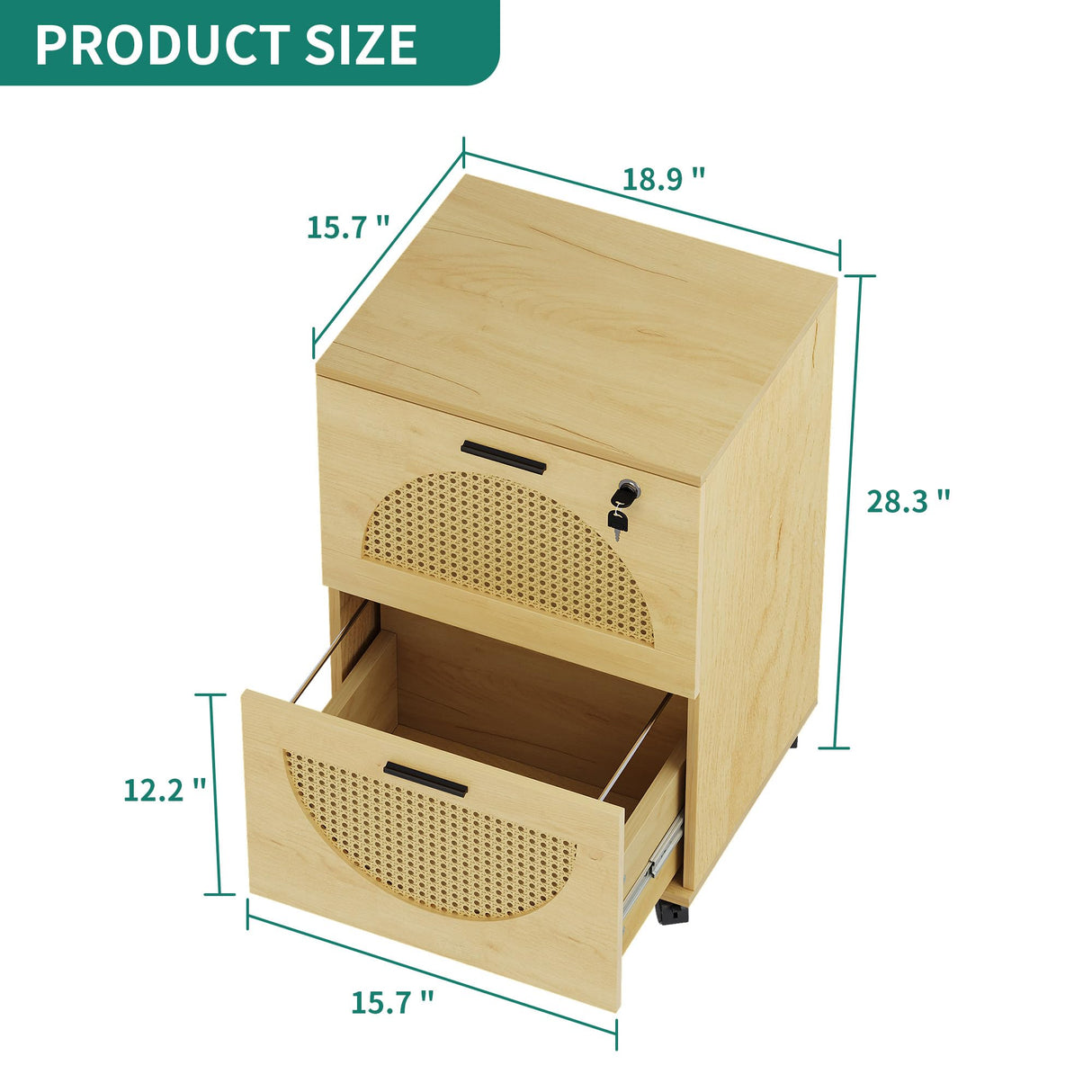 2 Drawer File Cabinet with Charging Station, Rattan Filing Cabinet with Lock