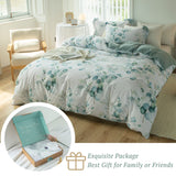 MILDLY Duvet Cover Leaf Pattern- 100% Washed Cotton Eucalyptus Printed Sage Green Comforter Cover Linen Feel Bedding Set with Zipper Closure 4 Ties Queen Size