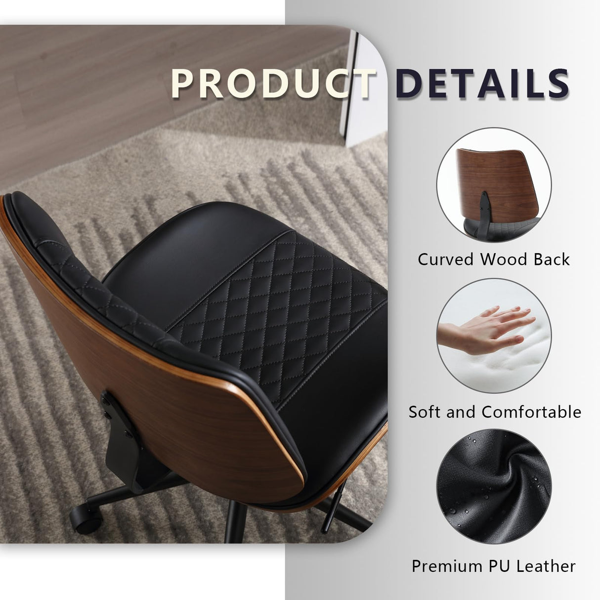 Office Chair No Arms with Wheels, Adjustable Height Small Desk Chair, PU Leather Mid