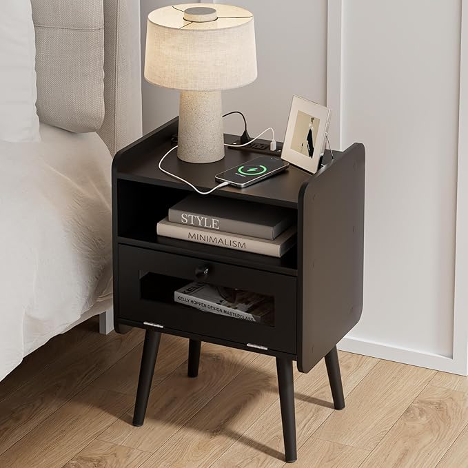Nightstand with Charging Station,Mid-Century Modern Bedside Table with Storage Drawer