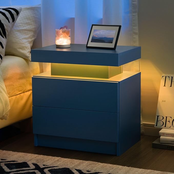 White Nightstand LED Bedside Table for Bedroom Modern Night Stand with 2 Wood Drawers