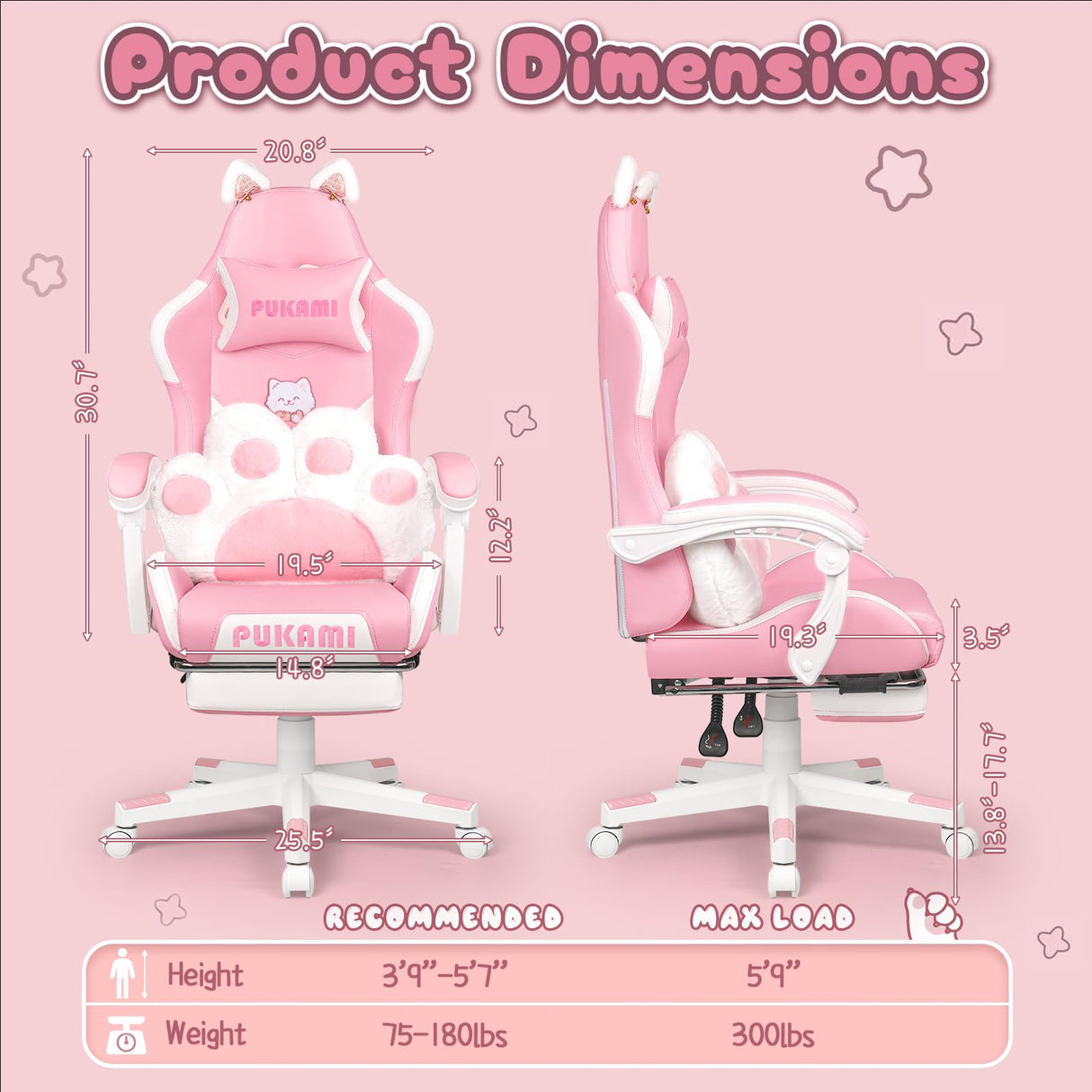 Pink Gaming Chair with Cat Ears - Ergonomic Reclining PC Chair with Footrest