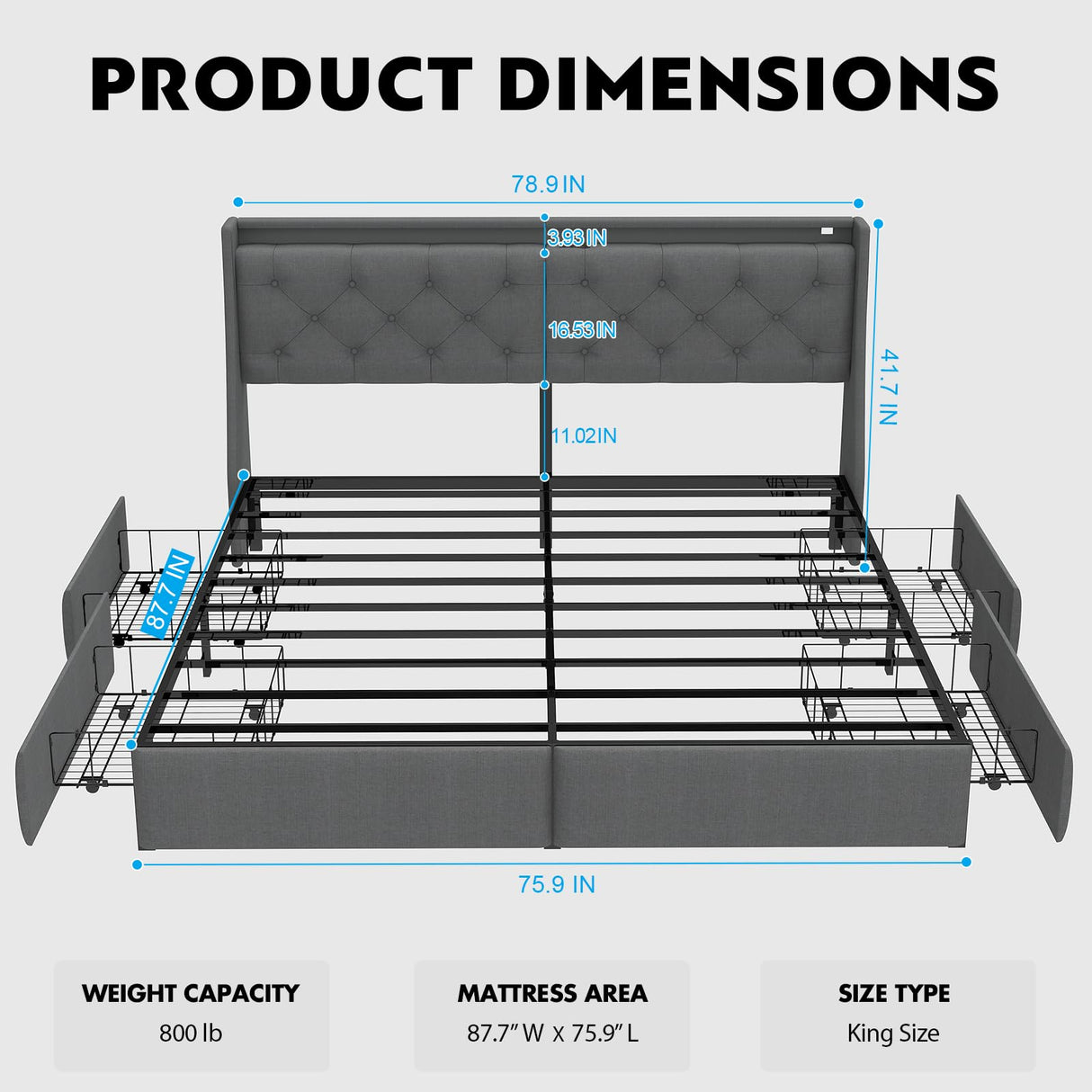 King Size Bed Frame with 4 Storage Drawers and LED Lights, King Bed Frame with Upholstered Headboard and Charging Station, Steel Slat Support, No Box Spring Needed, Noise-Free, Easy Assembly, Gray