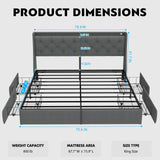 King Size Bed Frame with 4 Storage Drawers and LED Lights, King Bed Frame with Upholstered Headboard and Charging Station, Steel Slat Support, No Box Spring Needed, Noise-Free, Easy Assembly, Gray