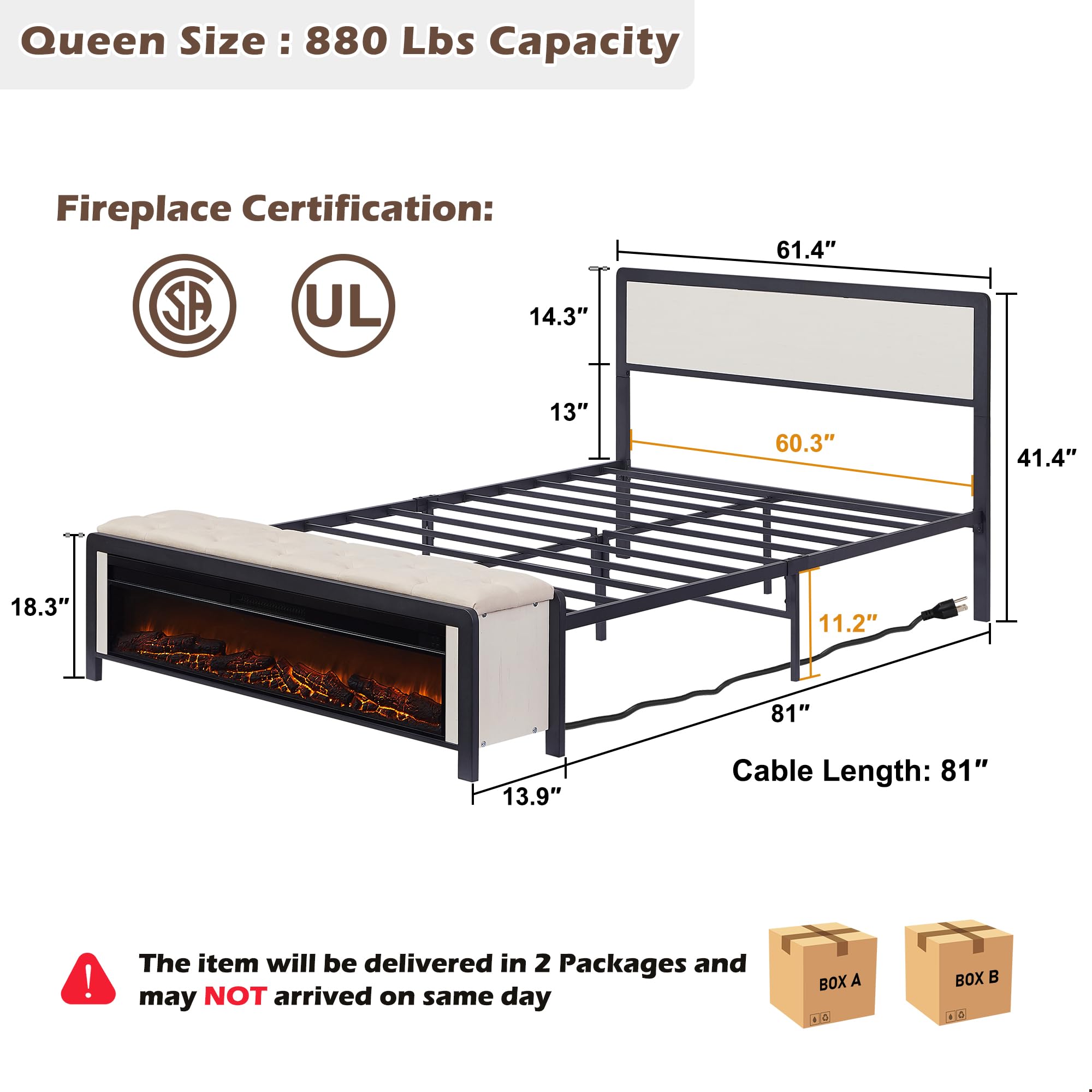 Queen Size Metal Platform Bed Frame with Wood Headboard,9 Strong Support Metal Legs,