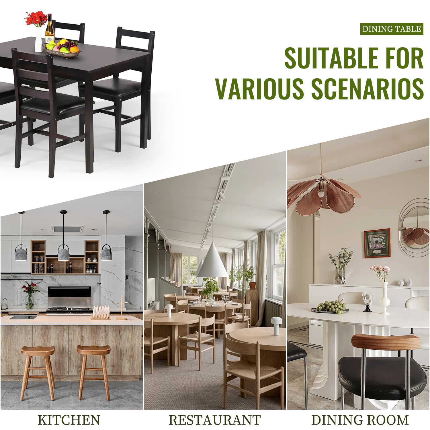 5-Piece Solid Wood Dining Table Set for 4