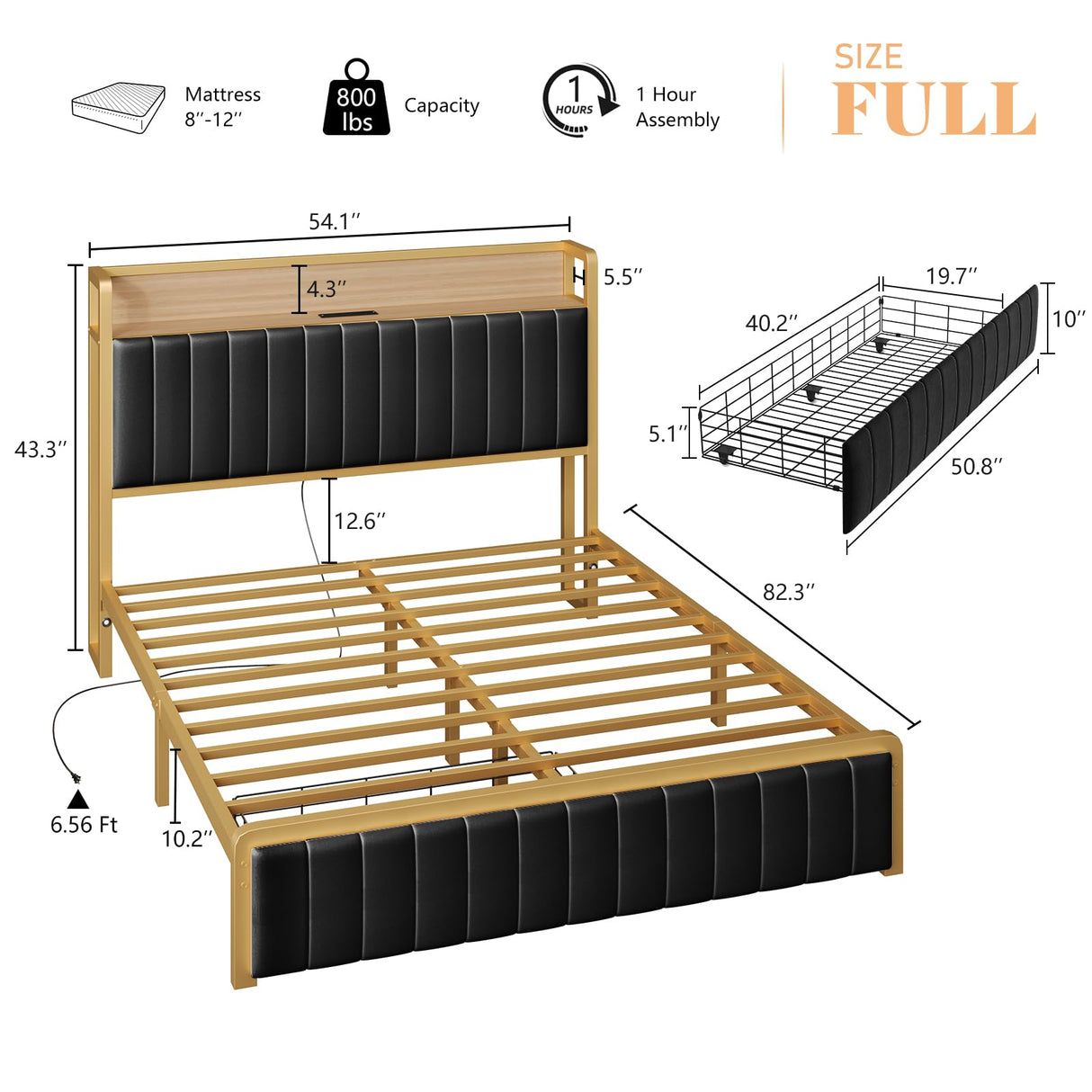 Full Size Bed Frame with Motion Sensor Light, Upholstered Platform Bed