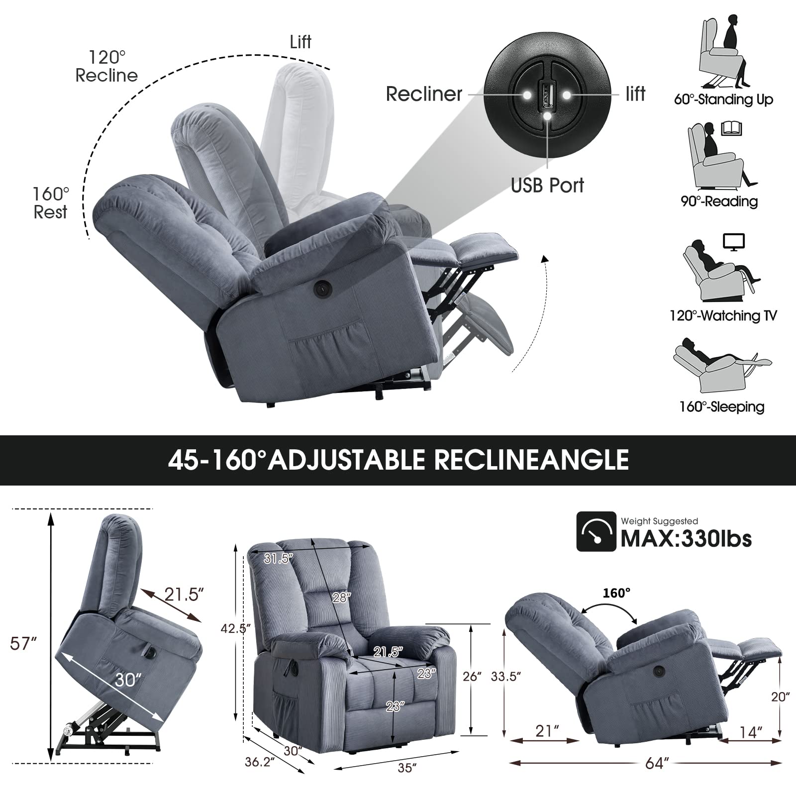 ElderEase Power Lift Recliner Chair with Massage, Heat & USB – Wing Back Design