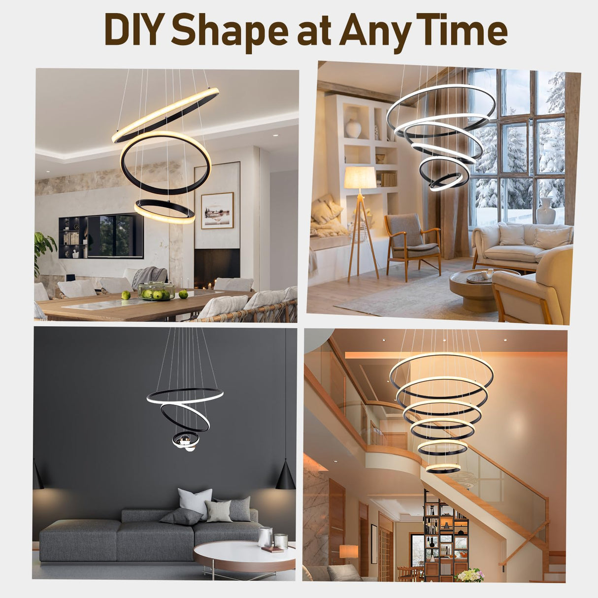 6 Ring Chandelier for High Ceiling with Remote Control, Black LED Chandelier Brightness