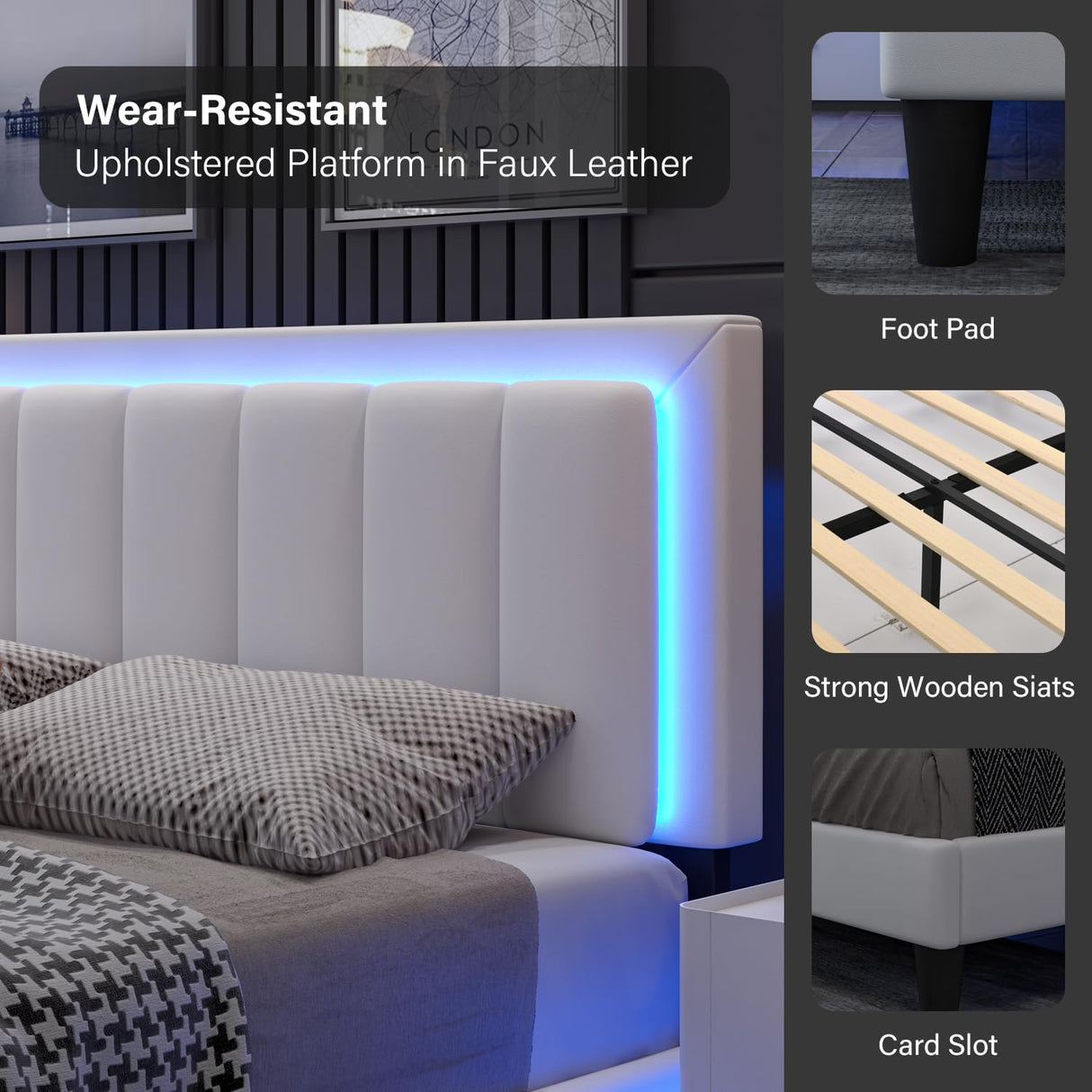 Queen Size Bed Frame with LED Lights, Upholstered Bed Frame Queen with Faux Leather