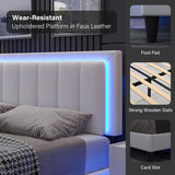 Queen Size Bed Frame with LED Lights, Upholstered Bed Frame Queen with Faux Leather