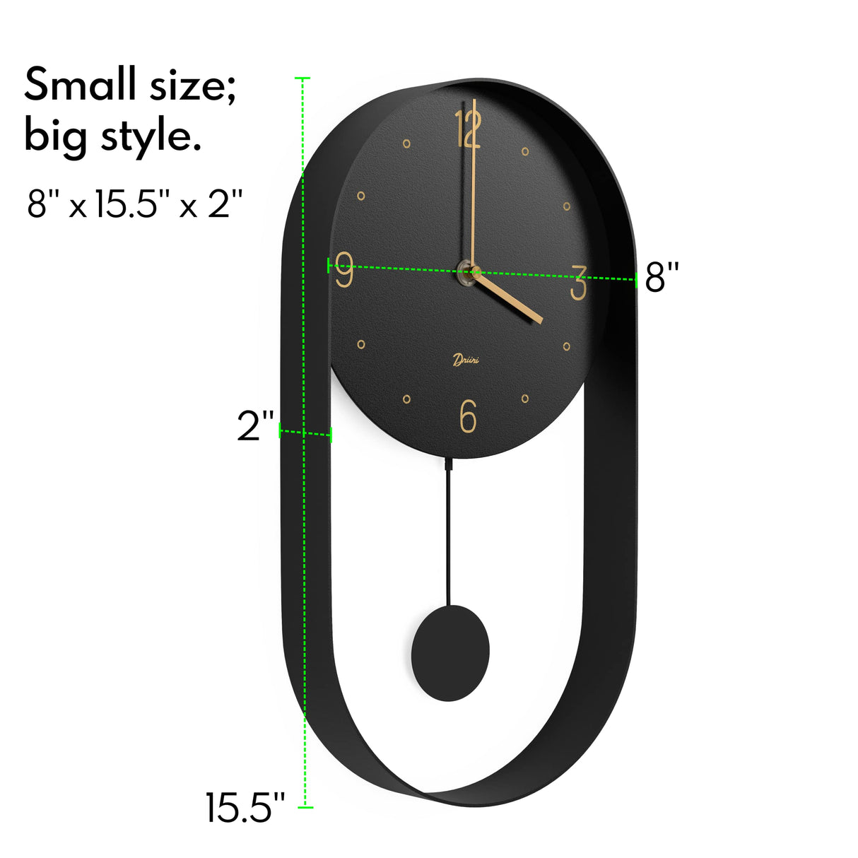 Modern Pendulum Wall Clock - Decorative and Unique Metal Frame, with 8 Inch Face