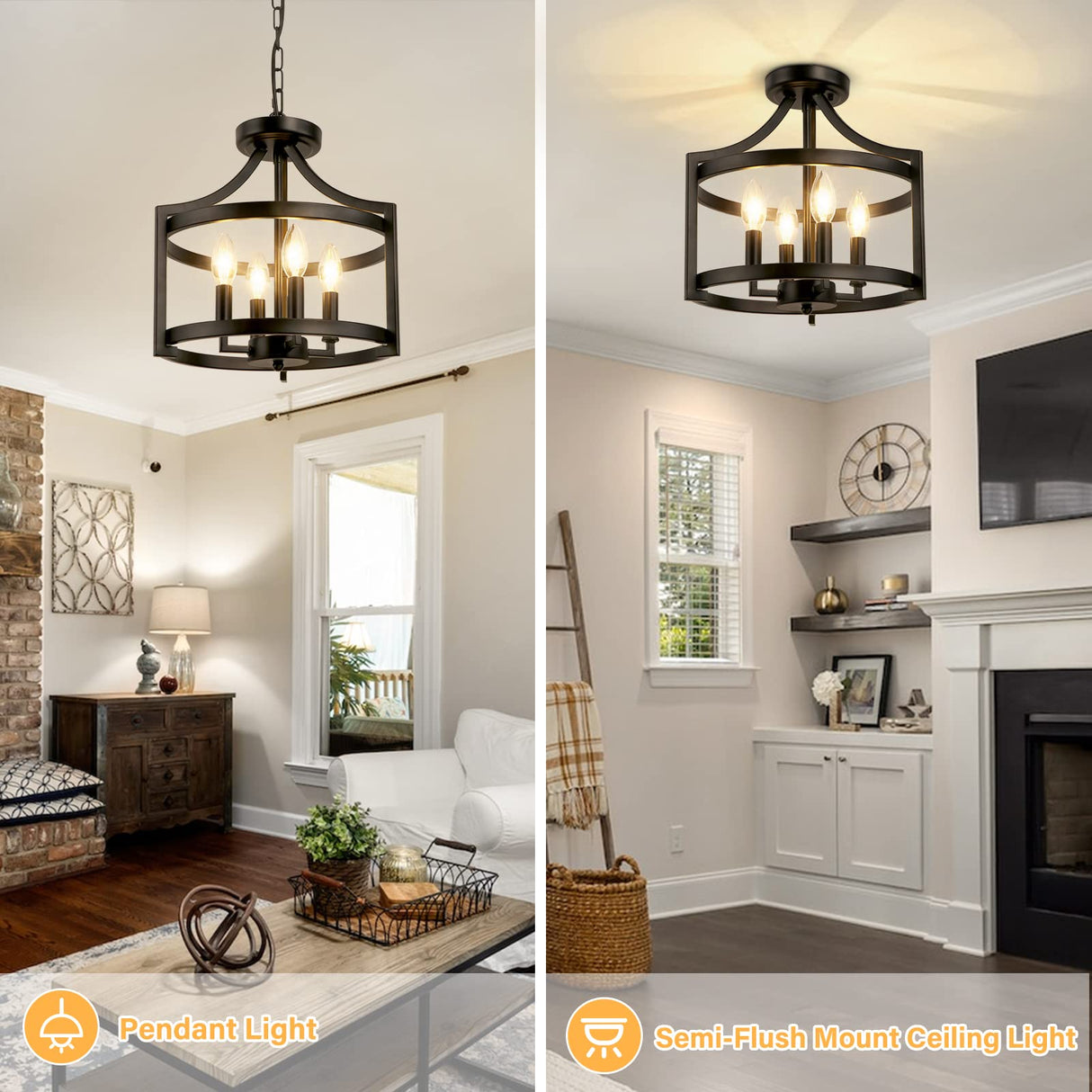 4-Light Farmhouse Chandelier - Black Semi Flush Mount Ceiling Light