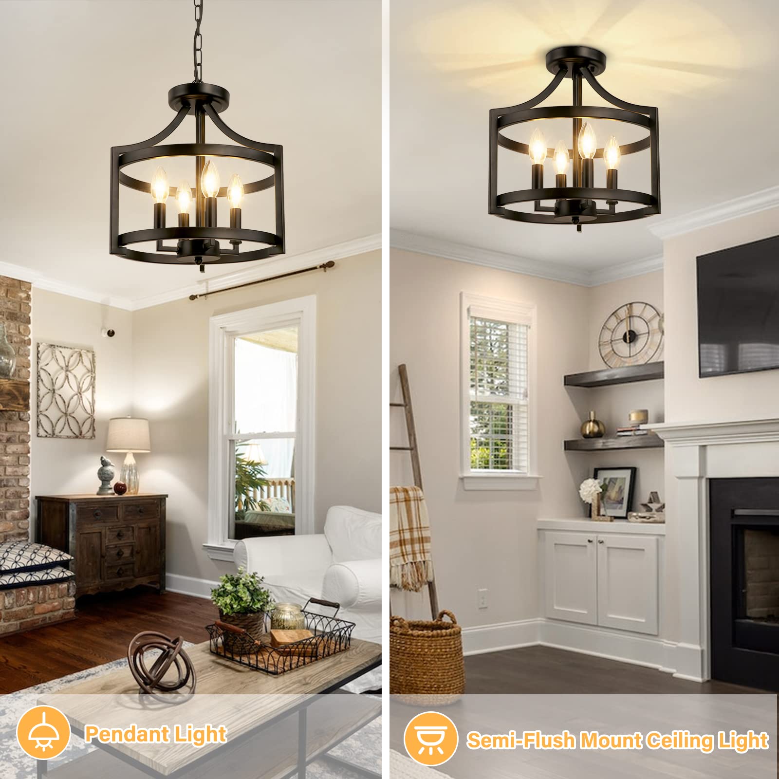 4-Light Farmhouse Chandelier - Black Semi Flush Mount Ceiling Light