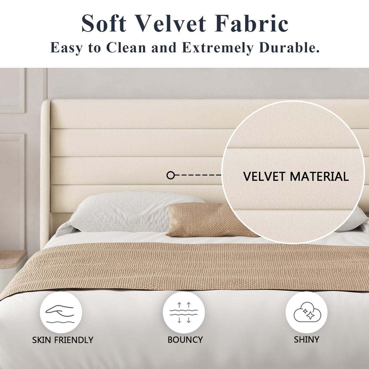 Queen Upholstered Bed Frame with Velvet Headboard