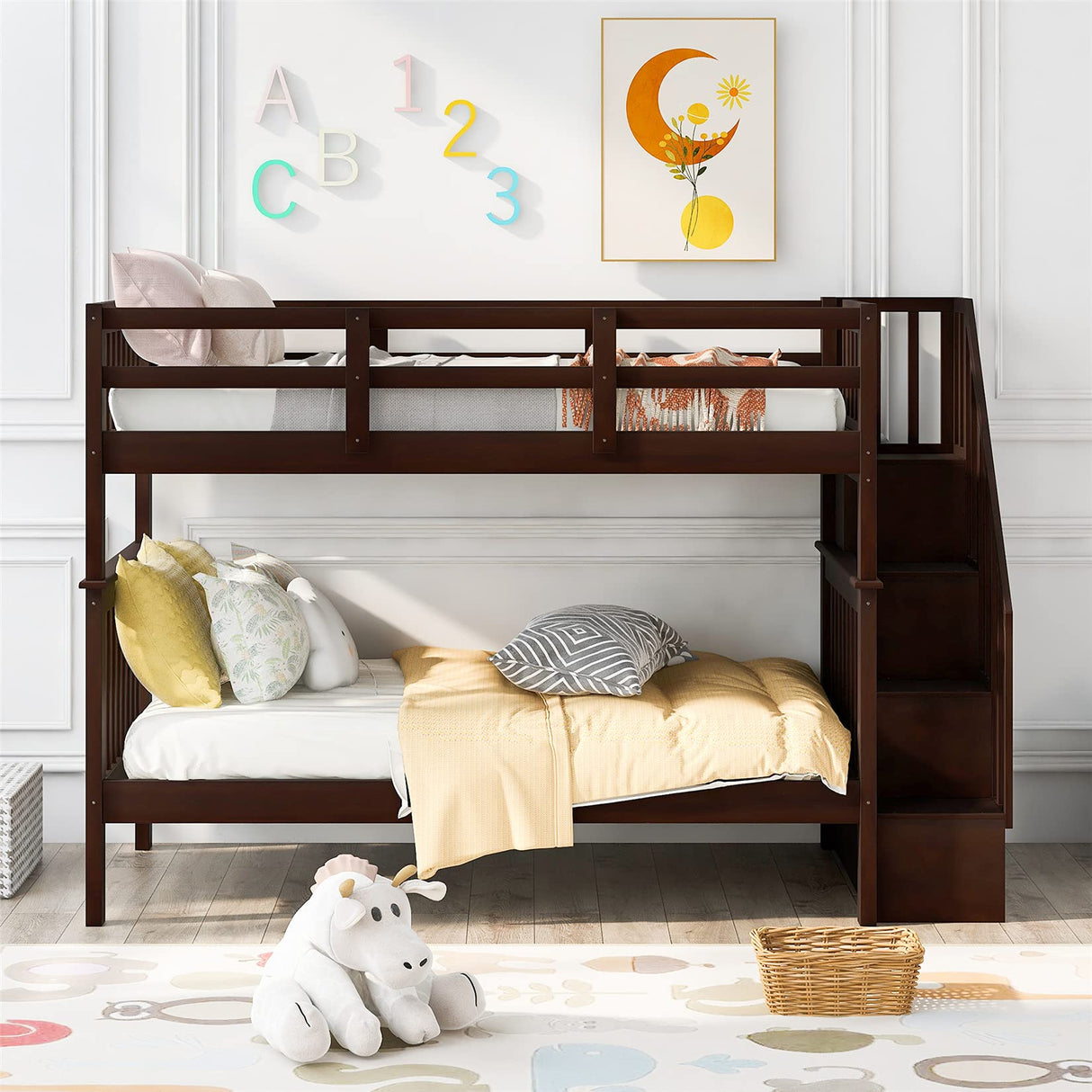 Twin Over Twin Bunk Bed with Storage Shelves Wood Bed Frame for Kids Boys Girls Teens