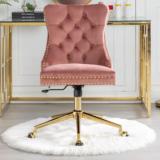 Office Chair Velvet Upholstered Tufted Button Chair with Golden Metal Base Adjustable Desk Chair