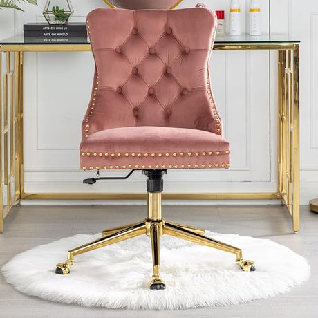 Office Chair Velvet Upholstered Tufted Button Chair with Golden Metal Base Adjustable Desk Chair