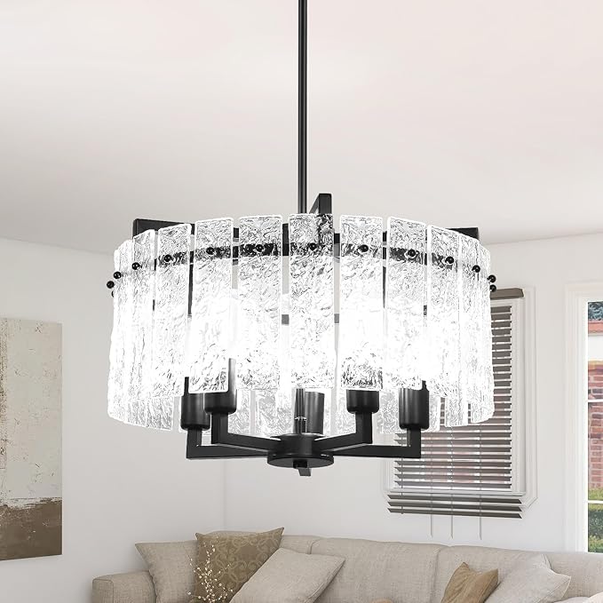 Modern Rectangular Crystal Chandelier, 4-Light Black Linear Farmhouse Lighting, 34”