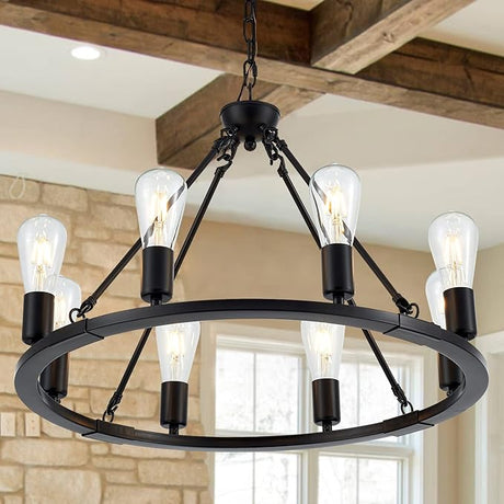 Black Farmhouse Wagon Wheel Chandelier 10-Light 31.5'' Vintage Industrial Round