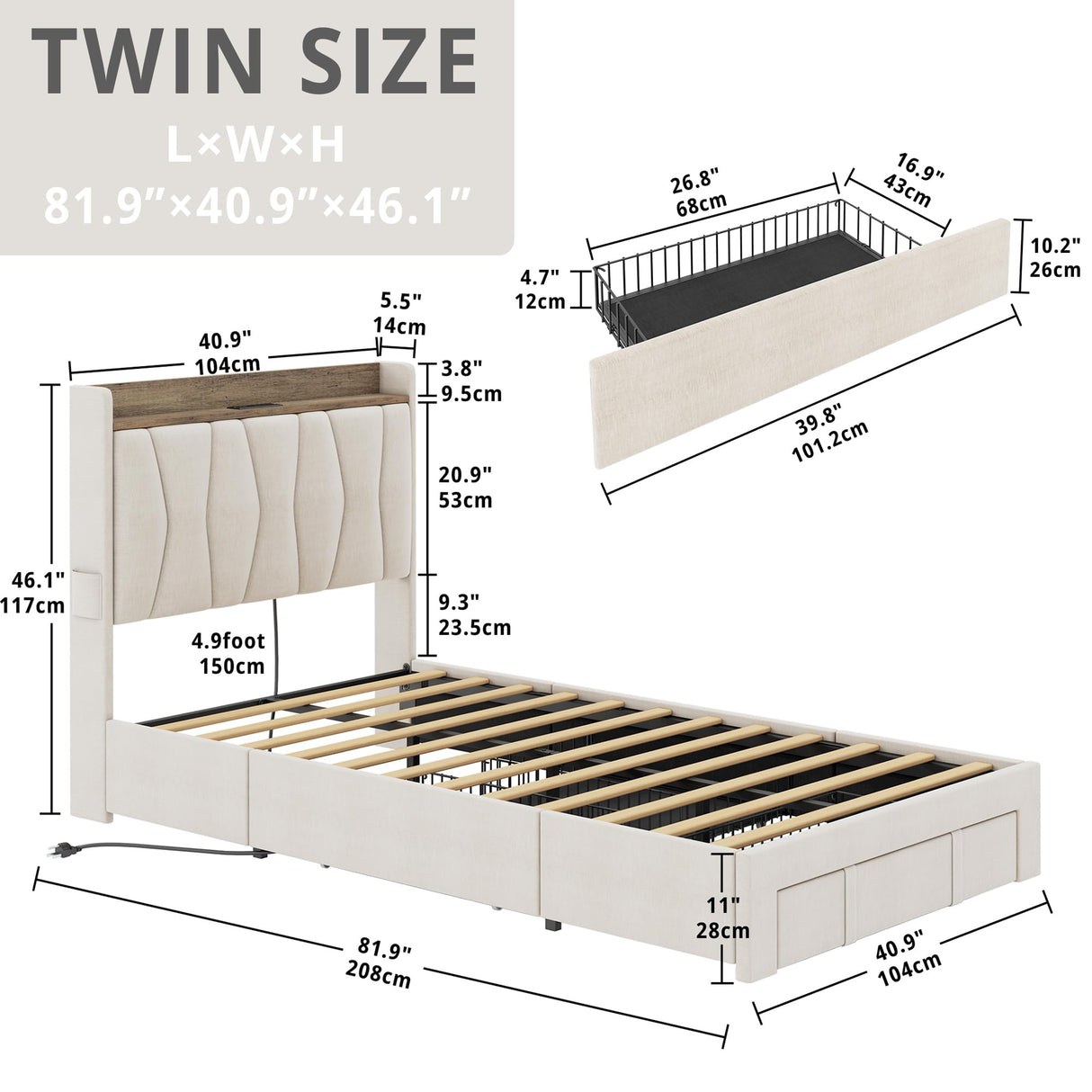 Twin Bed Frame with 3 Drawers, Upholstered Platform Bed with Storage Headboard