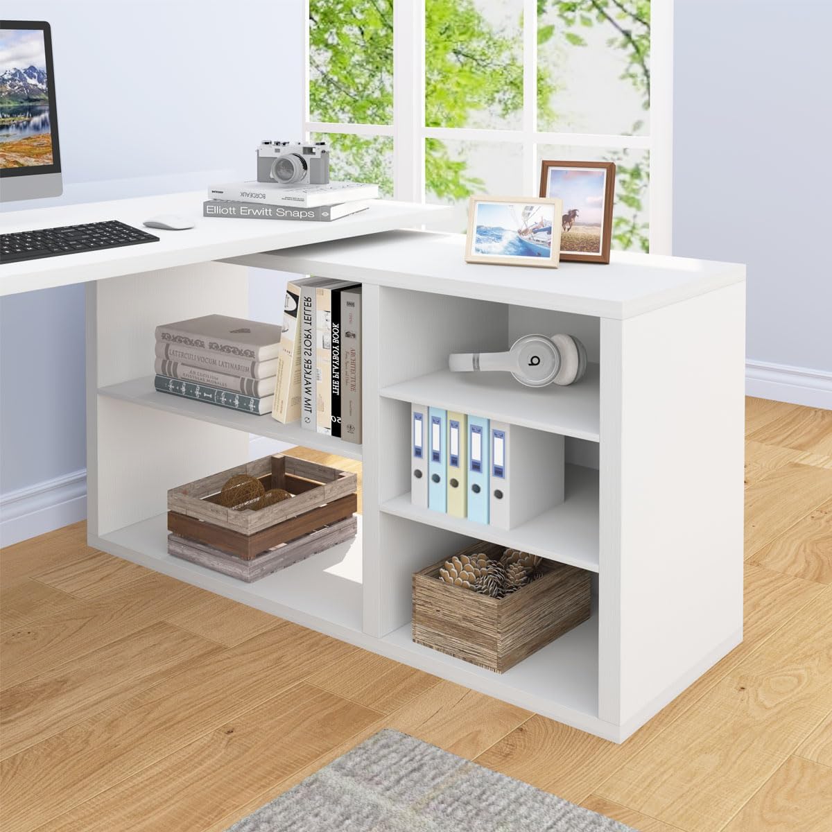 White L Shaped Desk with Shelf, Reversible Modern Home Office Desk Workstation