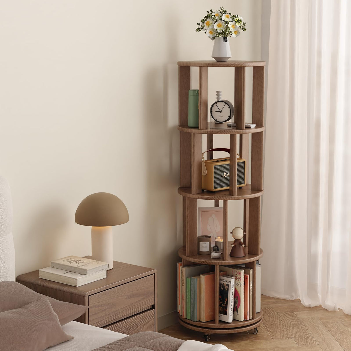 Solid Wood Rotating Bookshelf with Brake Wheels, 360°Display 4 Tier Floor Stackable Spinning Bookshelf Tower for Kids&Adults,