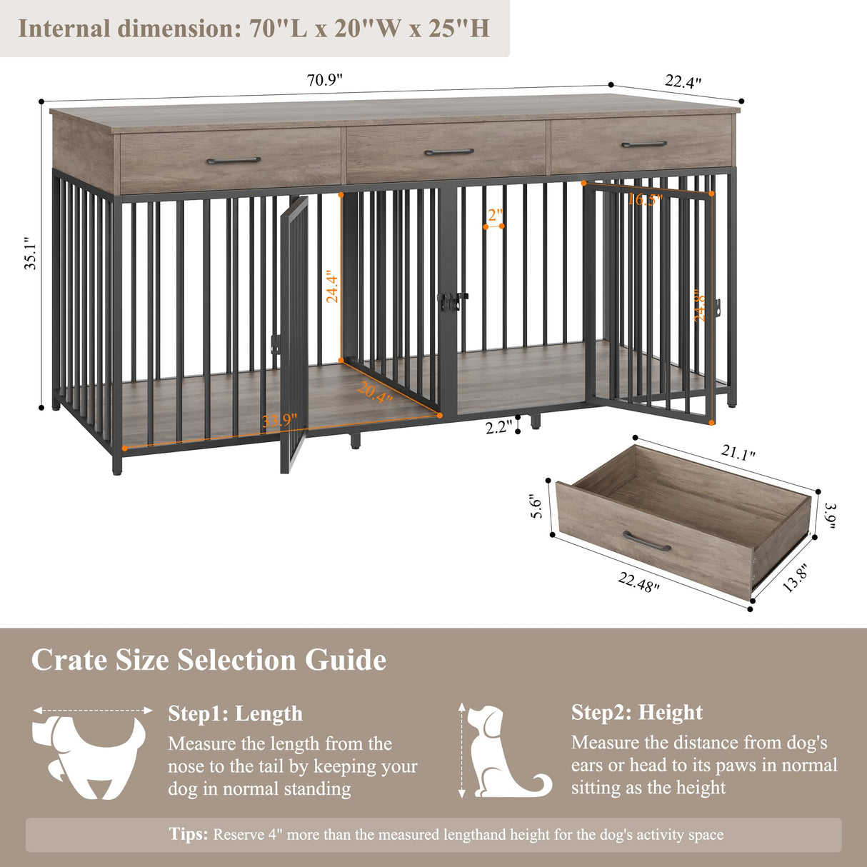 Double Dog Crate Furniture 71" Wide with 3 Drawers - Heavy Duty Wooden Kennel for 2 Large Dogs