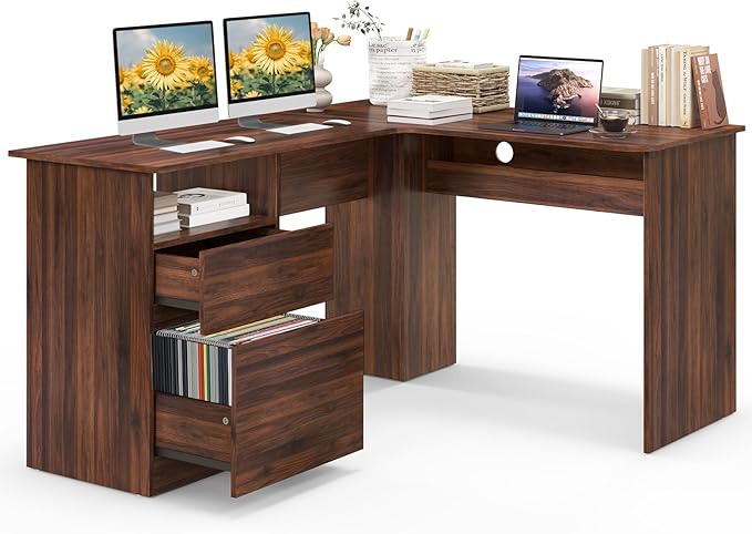 L-Shaped Desk, 59" Corner Computer Desk with File Drawer & Open Shelf