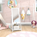 Kids Wooden Standing Mirror, Freestanding Full Length Dressing Mirror w/Bottom Shelf