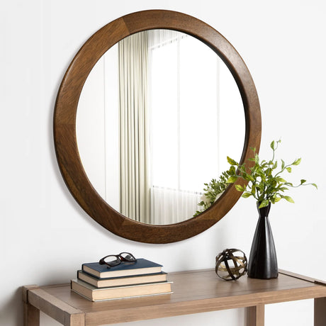 Round Mirrors 30 Inch,Wood Vanity Wall Rustic Mirror with Walnut Frame, Wooden Mirror