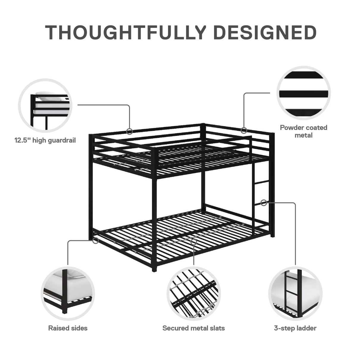 Metal Bunk Bed Frame for Kids, With Built-in Ladder, High Guardrail and Metal Slats, Floor Bed Bottom Bunk, No Boxspring Required, For Small Spaces, Full-Over-Full, Black