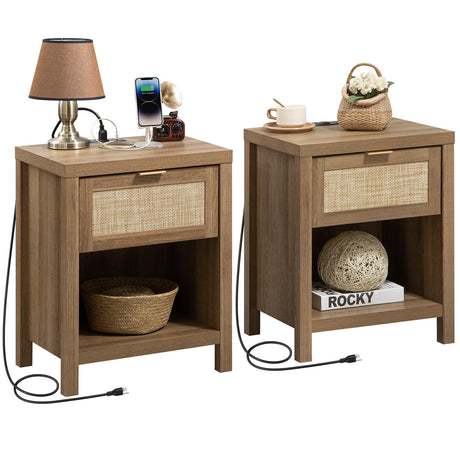 Rattan Nightstand Set of 2, Farmhouse Night Stands with Charging Station Bedside Table