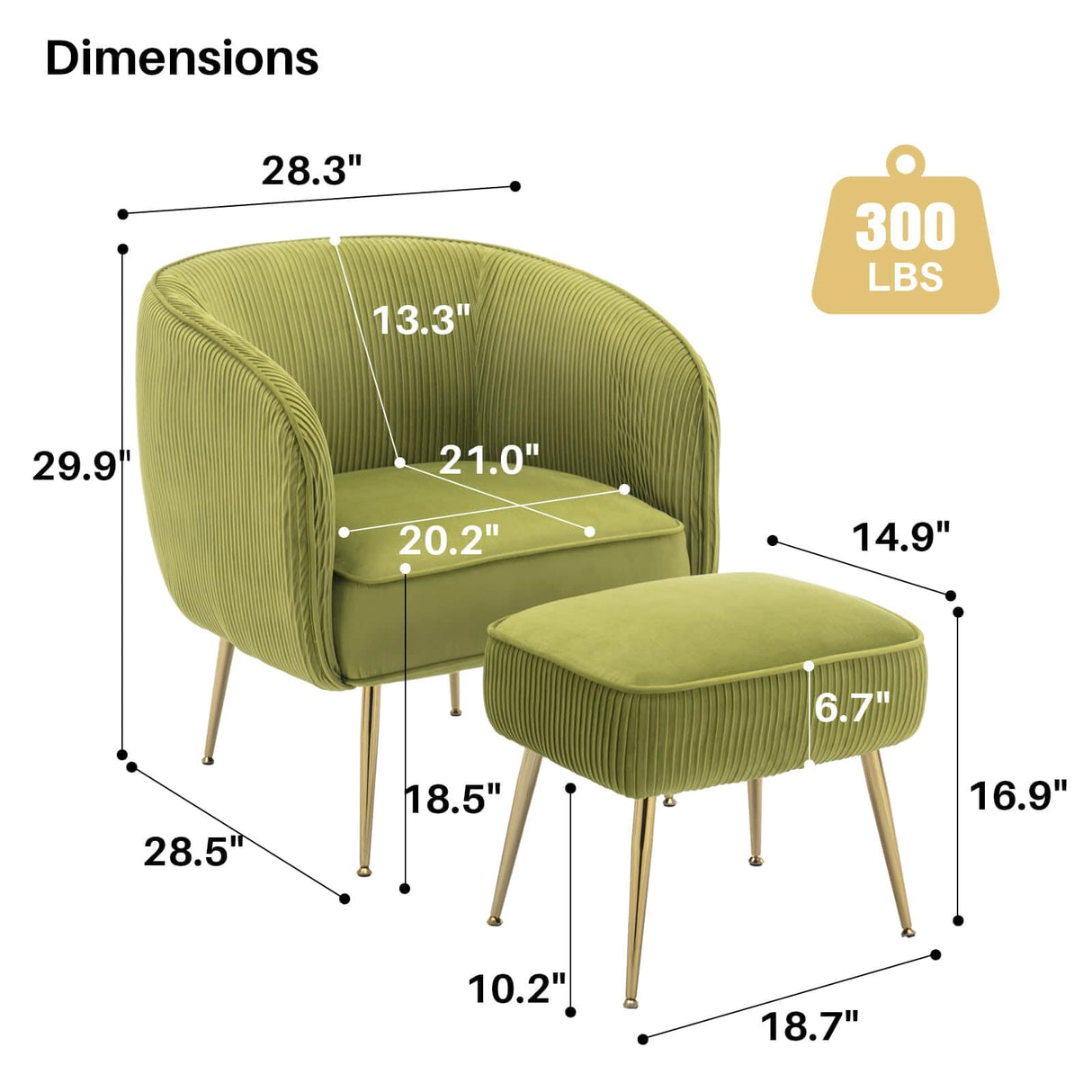 SOFTHION Velvet Accent Chair with Ottoman Set Modern Barrel Arm Upholstered Single Sofa Round Tub Chair with Metal Legs Footrest for Living Room Bedroom Reading Room Office, Green