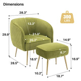 SOFTHION Velvet Accent Chair with Ottoman Set Modern Barrel Arm Upholstered Single Sofa Round Tub Chair with Metal Legs Footrest for Living Room Bedroom Reading Room Office, Green