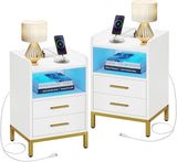 Nightstand with Charging Station & LED Lights, Night Stand with 2 Drawers, Modern Bedside Table with Storage Shelf for Bedroom, Set of 2, White