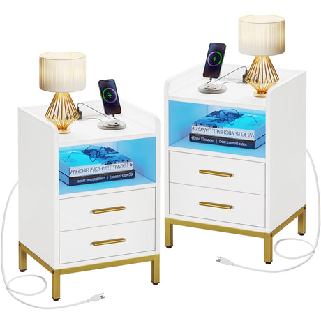 Nightstand with Charging Station & LED Lights, Night Stand with 2 Drawers, Modern Bedside Table with Storage Shelf for Bedroom, Set of 2, White