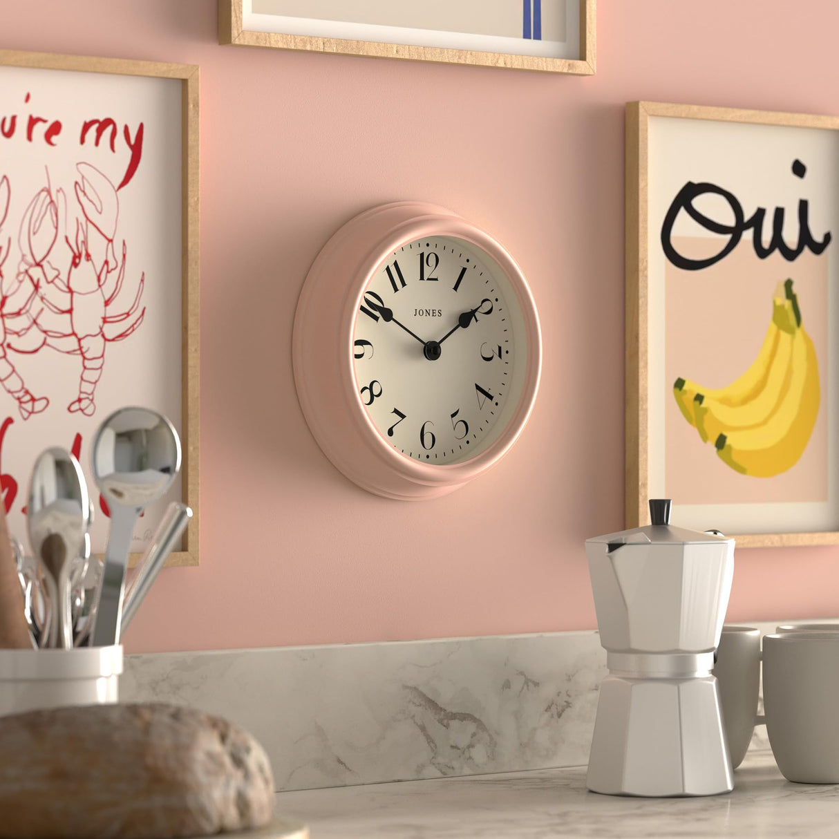 'Frieze' Wall Clock – Small Round Contemporary Classic Round Clock in Pink, with Pretty Numbers,