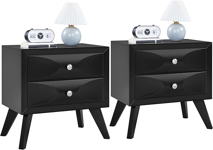 Yaheetech Nightstand with 2 Drawers, Almost Fully-Assembled Nightstand Large Bedside Table with Solid Wood Legs and Storage, Modern Side Table for Bedroom, 24.5″L×15″W×23.5″H, Black