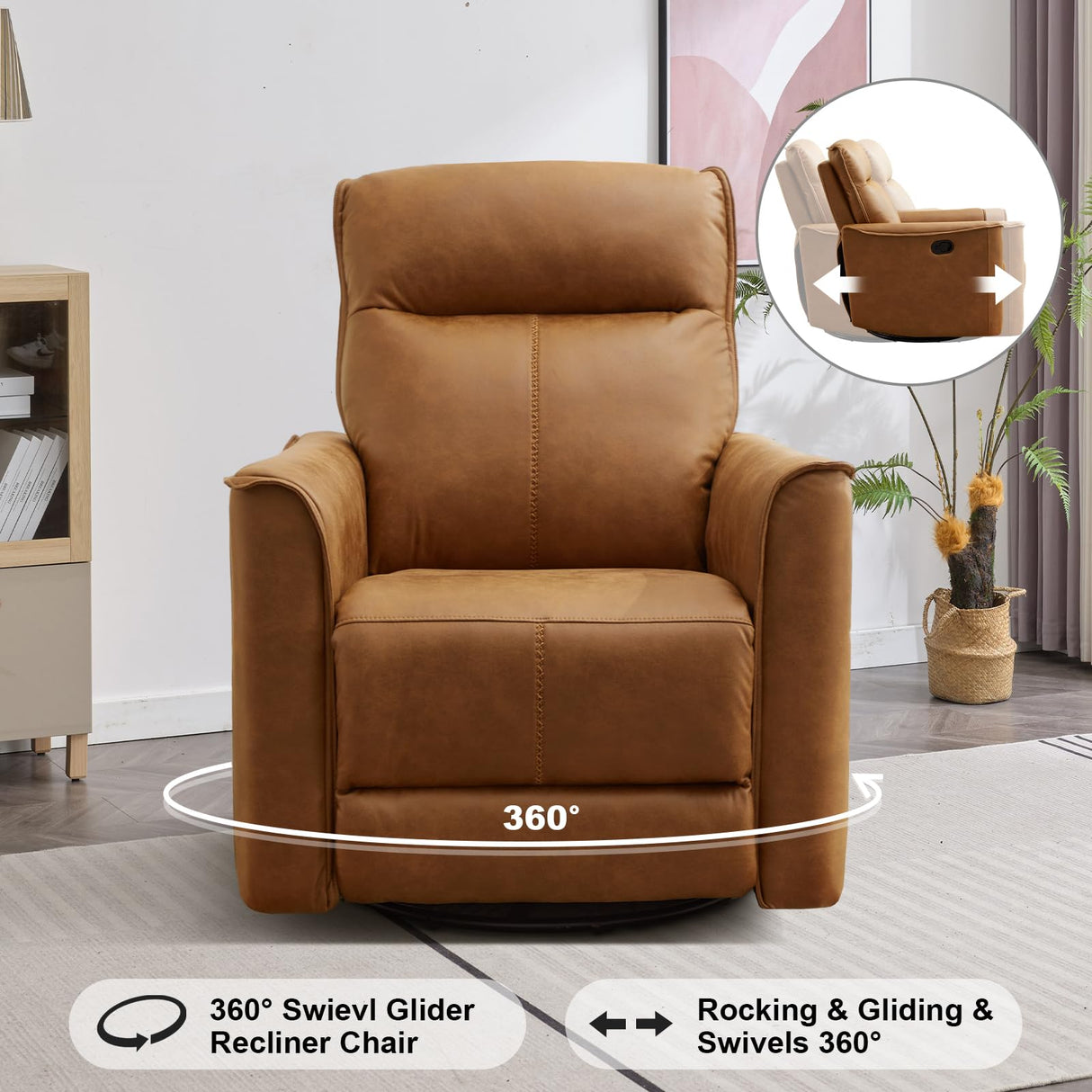 Manual Swivel Rocker Recliner, Glider Recliners with Padded Armrest and Backrest,