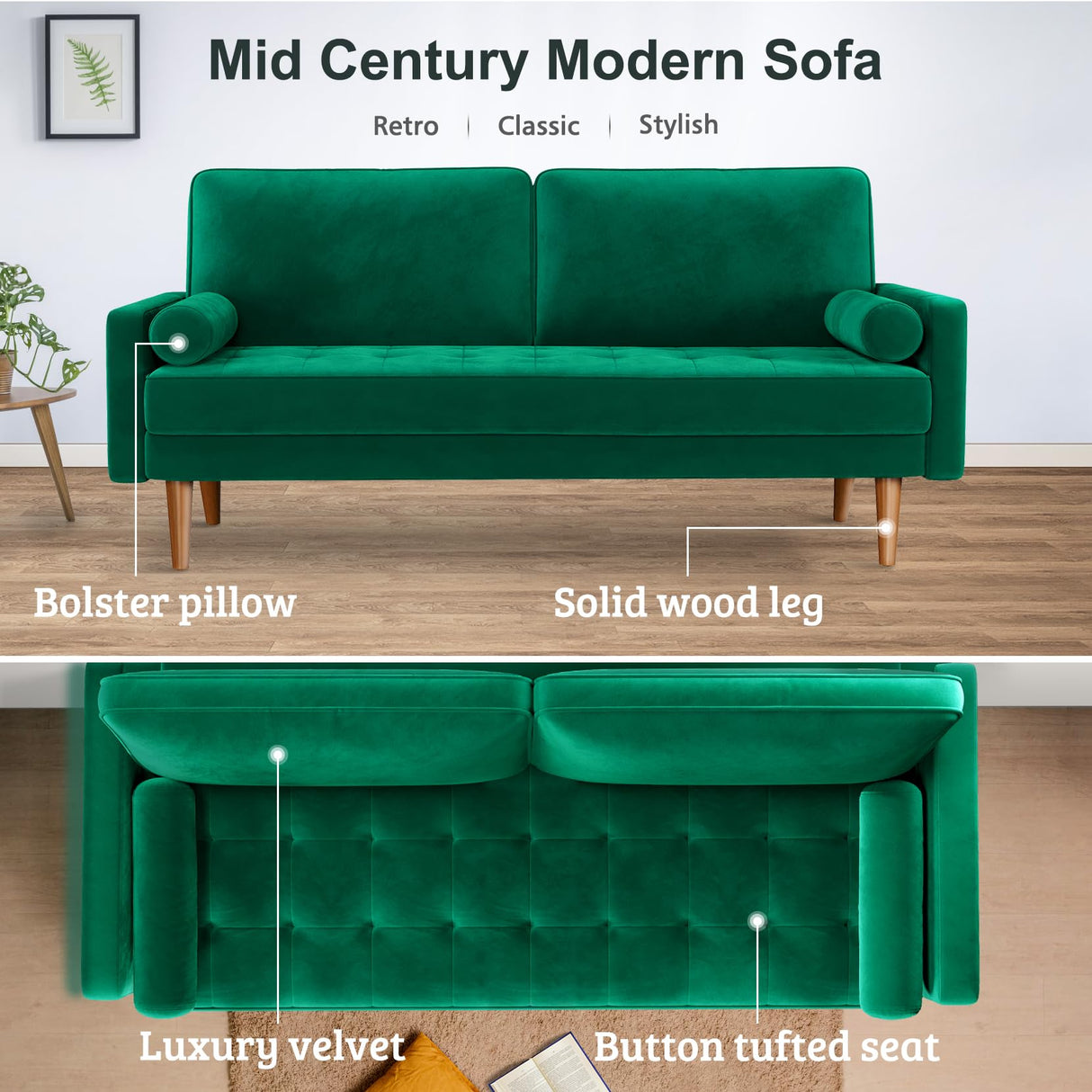 Loveseat Sofa, 70" Green Velvet Couch, Mid Century Modern Couch with Tufted Seat